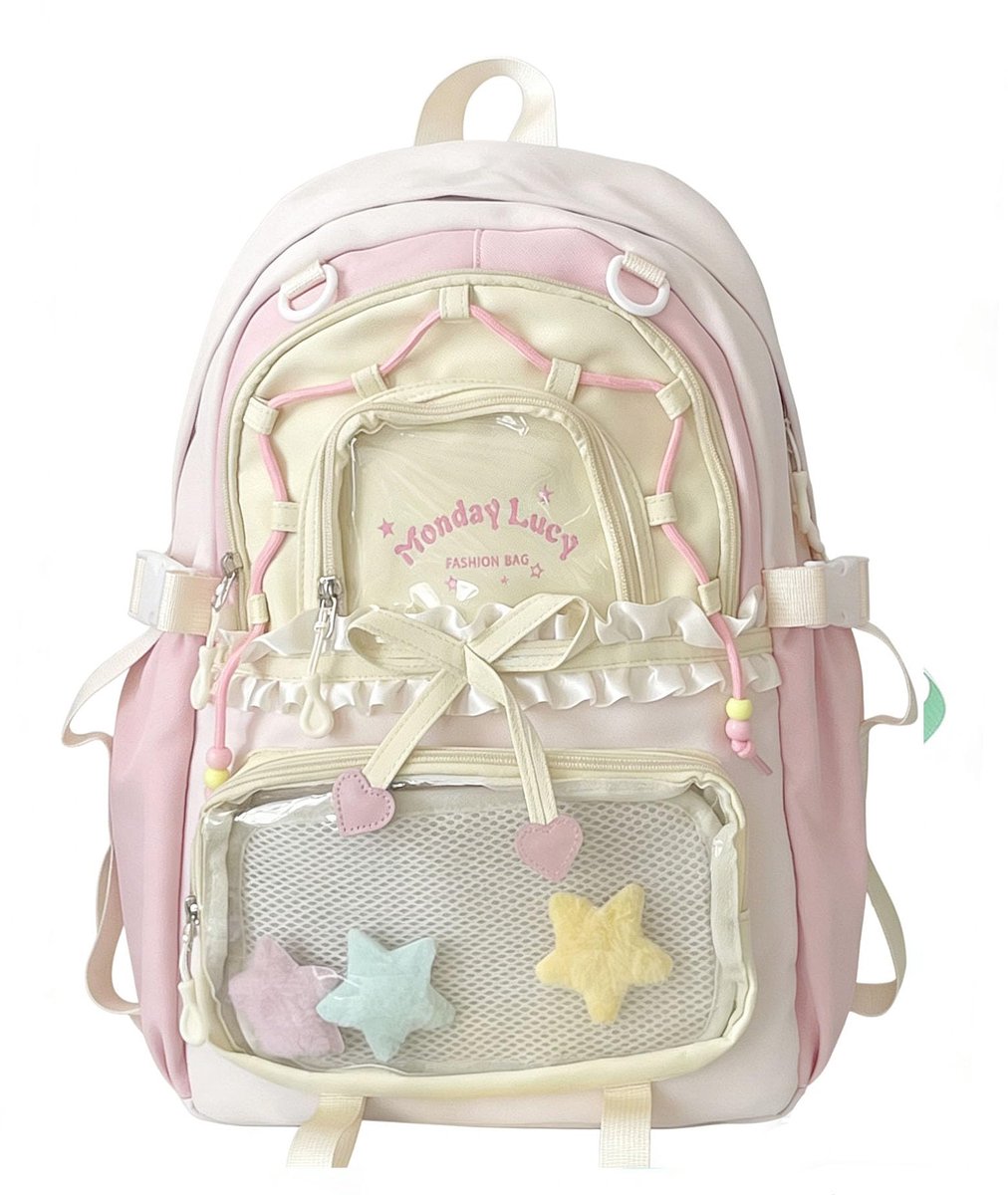 Meisjesrugzak - Rugzak - Dagrugzak met transparante vakken - Met ruches, strik en sterhangertjes - Voor tieners - Voor terug-naar-school en dagelijks reizen - 43x30x15cm,Roze