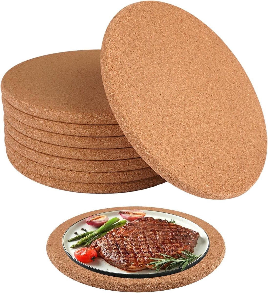 Set van 8 Rond Kurken Coasters, Diameter 19 cm, 1 cm Dikte, Duurzaam en Antislip voor Drankjes