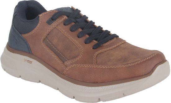 Bruine Rieker veterschoen met donkerblauwe accenten, veters en een beige light-sole zool.