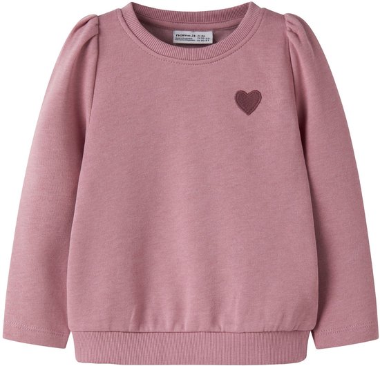 Pull Name It rose avec manches bouffantes, écusson cœur brodé et bord-côte.