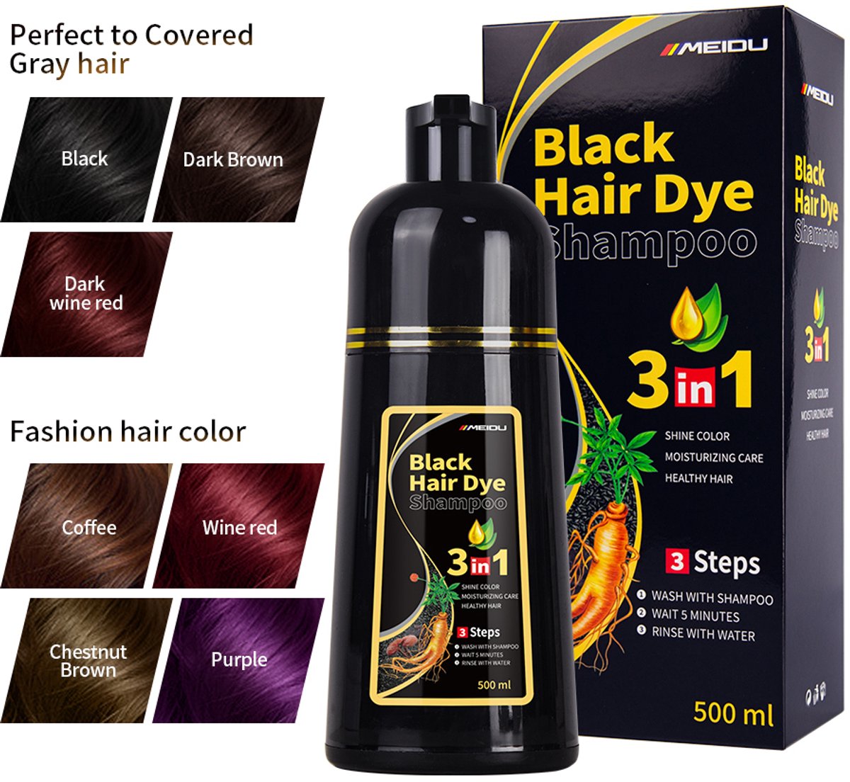 Hair Dye Shampoo 3 in1 (Dark wine Red kleur)