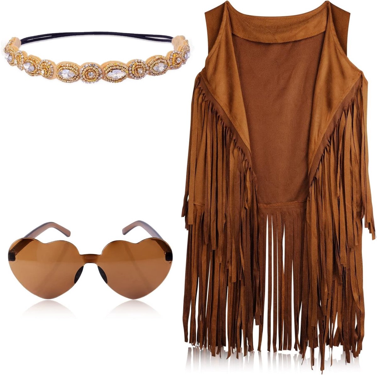 Hippie Kostuum Set voor Vrouwen, Boho Outfit met Franje Vest, Hoofdband en Hartvormige Zonnebril (L) voor Feest en Carnaval