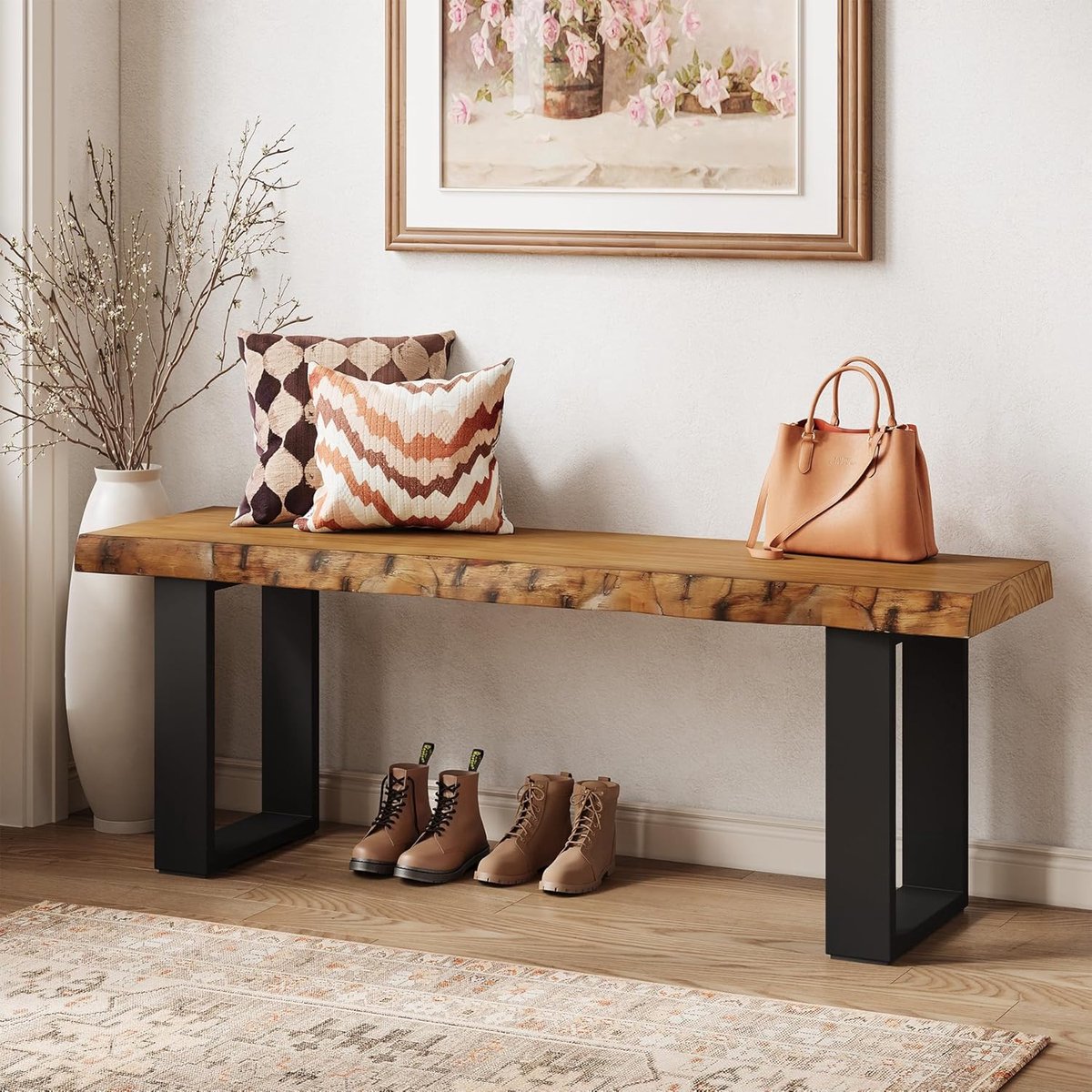 Tribesigns Massief Houten Bank - 120 x 35 x 45 cm - Halbank - Schoenenbank met Metalen Poten voor Gang, Eetkamer, Woonkamer - Bruin
