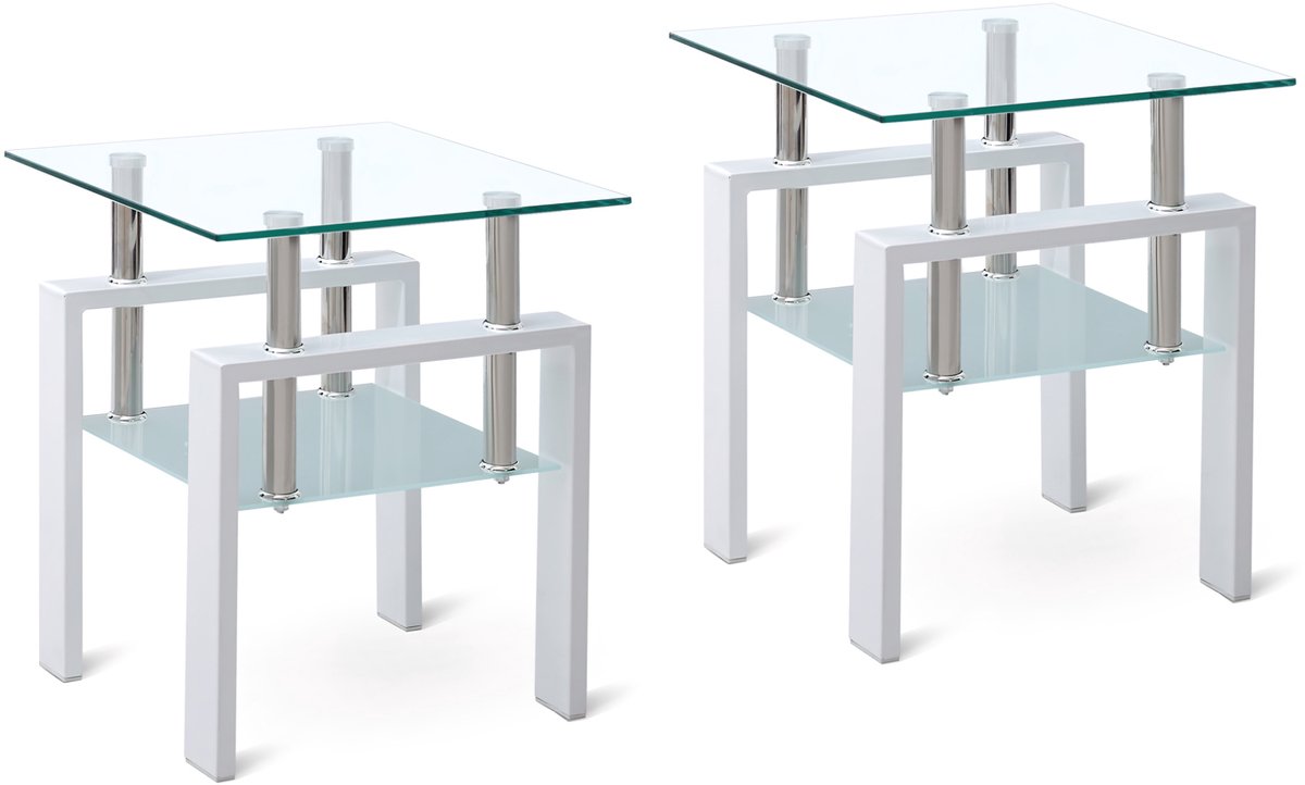 FloraGrace Sidetable - Set Van 2 - Vierkant Design Van Gelaagd Glas Met Opbergruimte - Voor Woonkamer En Slaapkamer - Clear - 50,5 Cm