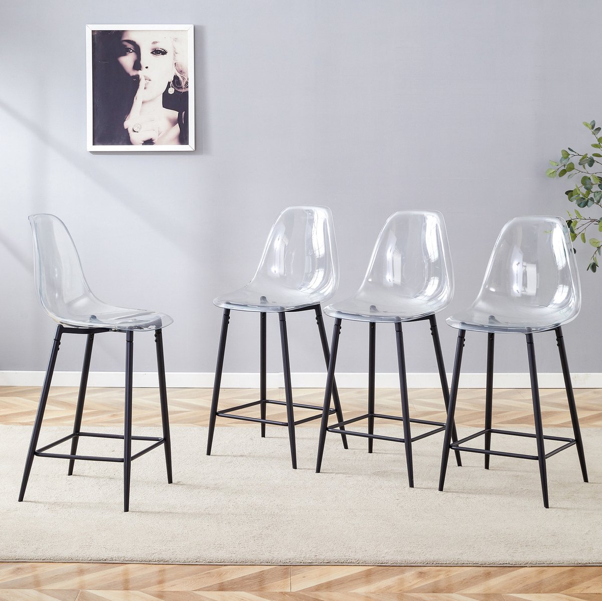 STILVORA Barkruk Set van 4 65 Cm Zithoogte Met Rugleuning En Voetsteun Voor Keuken Bar En Eetkamer Kunststof Zwart