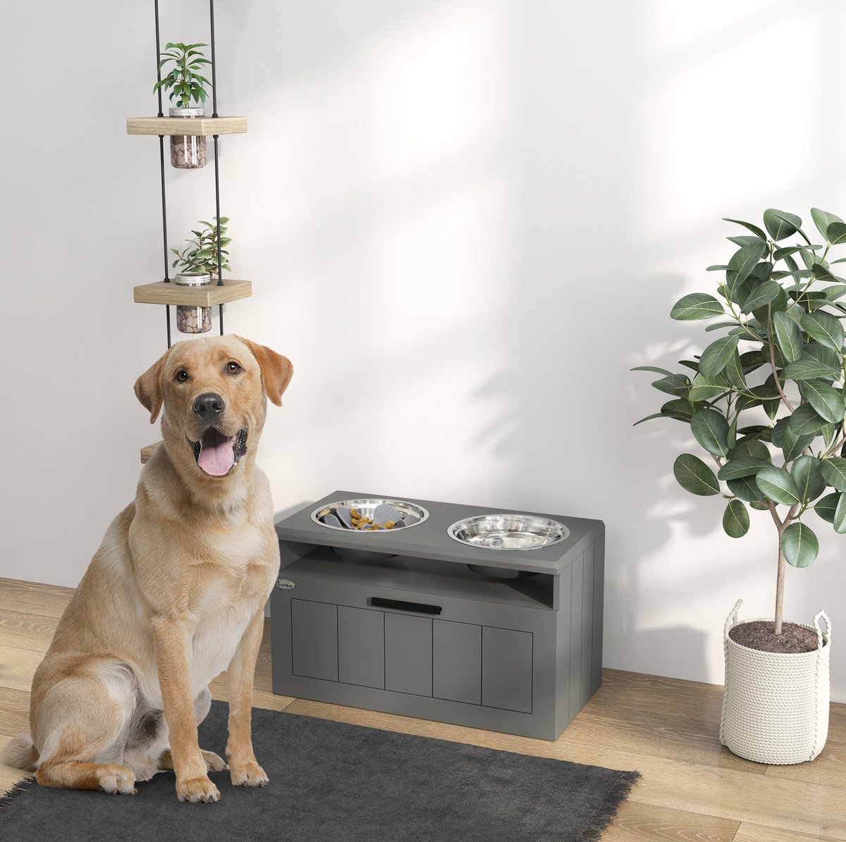REDOM - Voerbak voor hond - Verhoogde voerstation met 2 RVS schalen - Anti-schrok - Opbergvak - Voor grote honden - MDF en RVS - Grijs - 60 x 30 x 35 cm