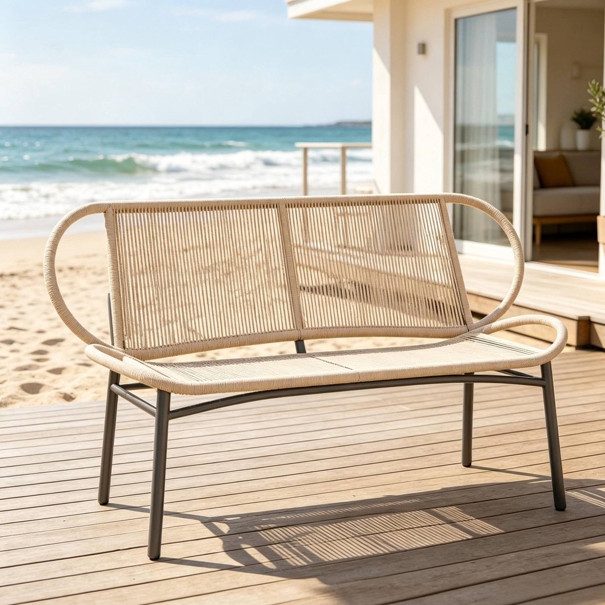 OKWISH Tuinbank 138 x 62 x 83 Cm - 2-Zits Loungebank Met Geweven Zitting En Rugleuning - Voor Tuin Of Terras - Metaal En PE-Rattan - Zwart/Natuur