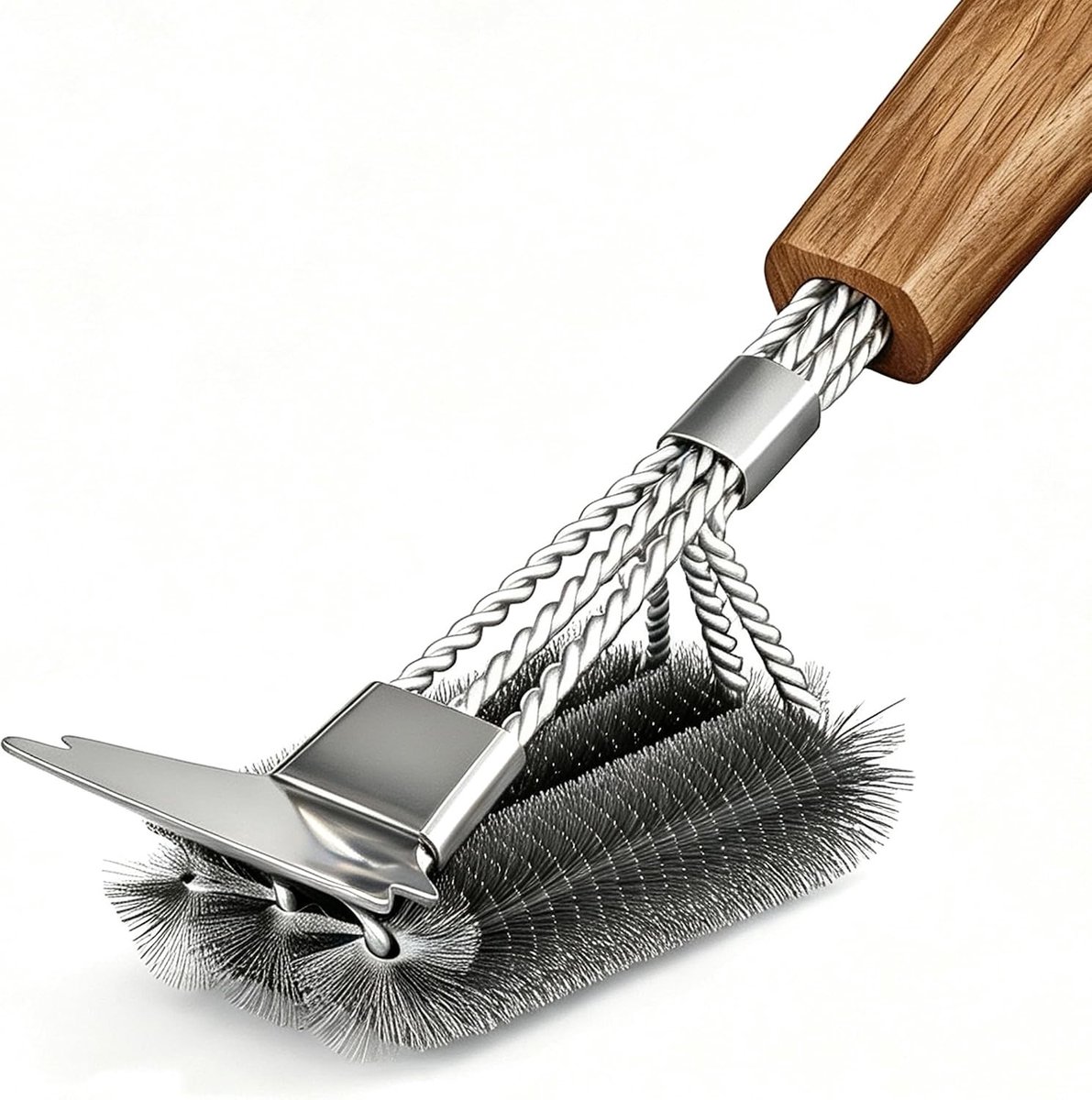 Grillborstel - Hout - 40 cm - Met Roestvrijstalen Borstelharen en Schraper - Voor BBQ en Grill