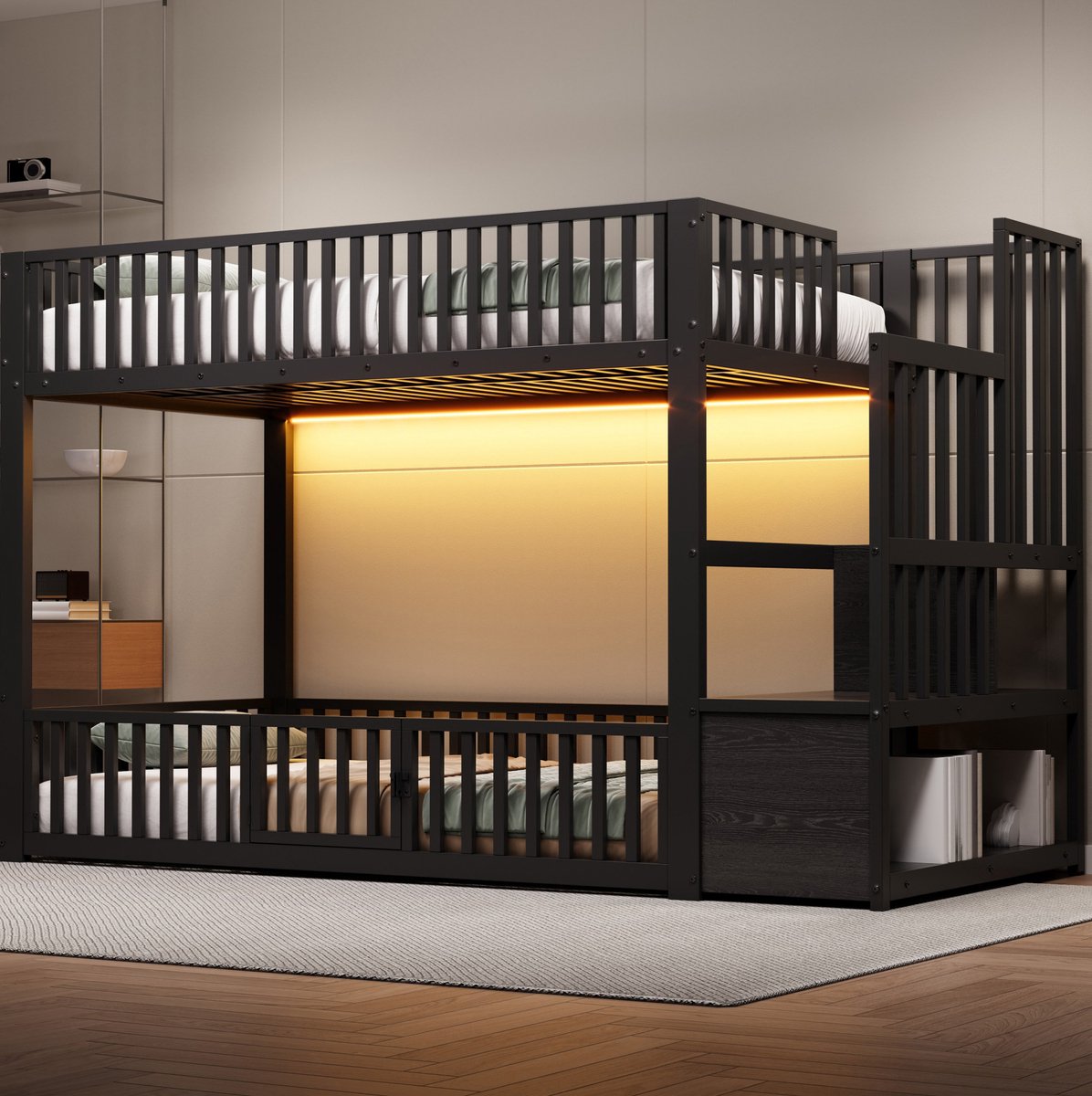 Wishdor Stapelbed 90x200 cm - Met LED en opbergleider - Zwart MDF metaal - Kinderkamer slaapkamer - Inclusief uitvalbeveiliging - 251 x 95 x 128,6 cm