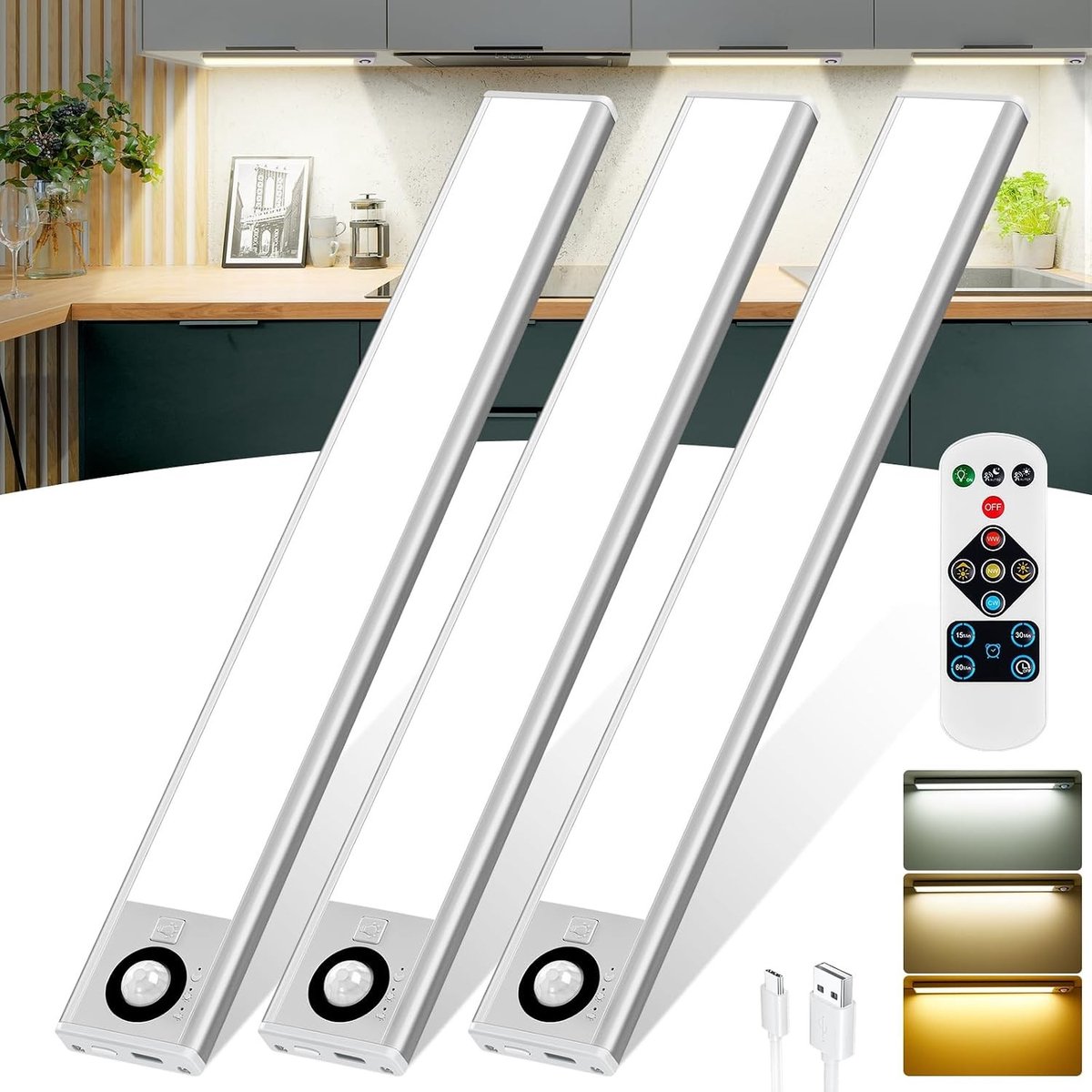 Led-kastlamp met afstandsbediening - 30 cm - 3 Stuks - Dimbaar met Bewegingssensor - Voor Kasten en Donkere Ruimtes