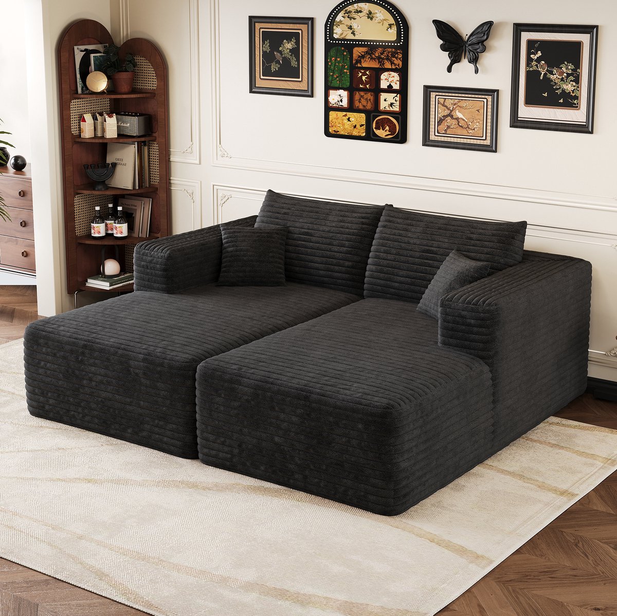 STILVORA Zitbank 180 x 151 Cm - Modulaire Slaapbank Zonder Montage - Moderne Minimalistische Chaiselongue Voor Woonkamer En Slaapkamer - Corduroy - Zwart
