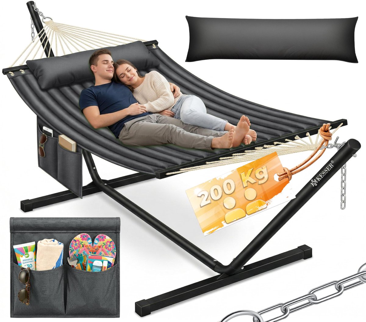 Famanu – Hangmat met standaard en kussen voor binnen en buiten, XXL, geschikt voor 2 personen, met metalen frame
