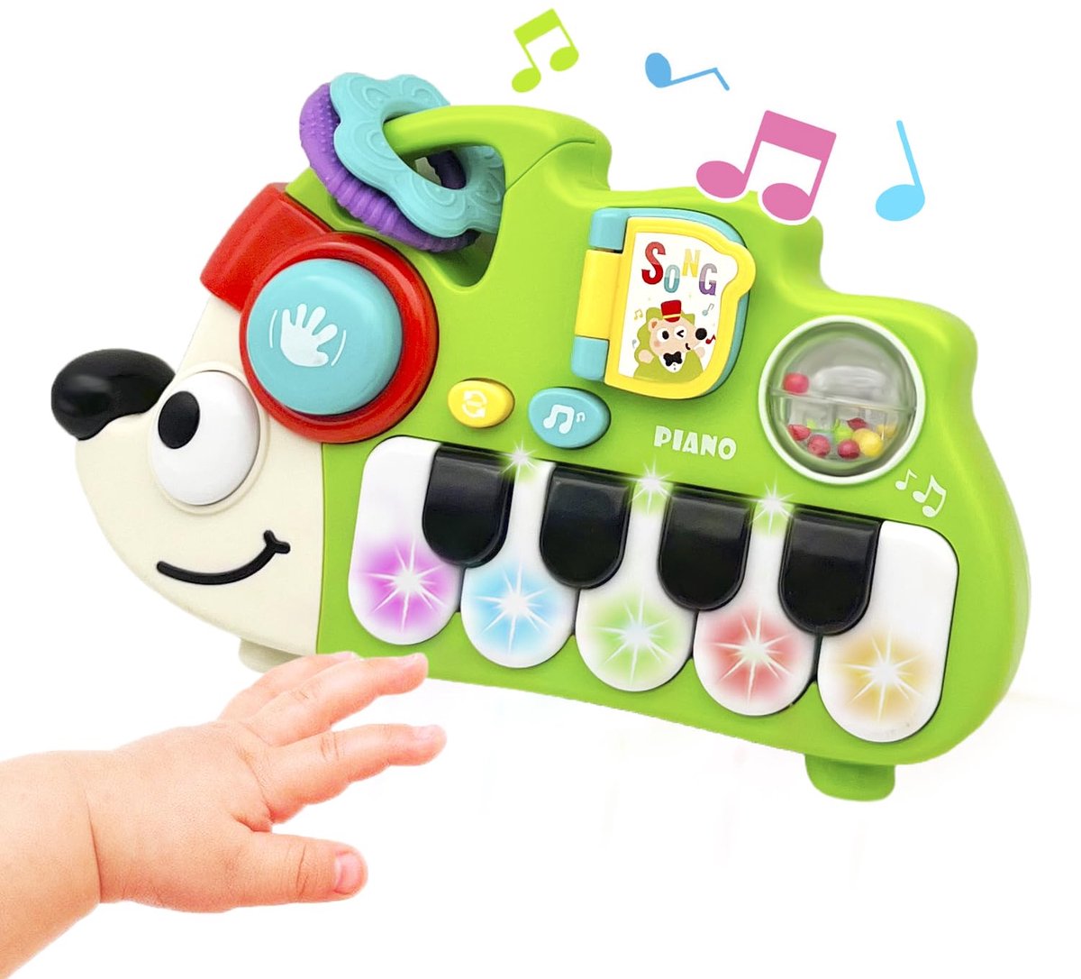 VONKELIOS®Baby egel muziek piano speelgoed - Elektronisch toetsenbord met lichtjes en bijtrammelaars, vroeg leerzaam sensorisch speelgoed voor peuters van 1-3 jaar, educatief muziekspeelgoed voor baby's