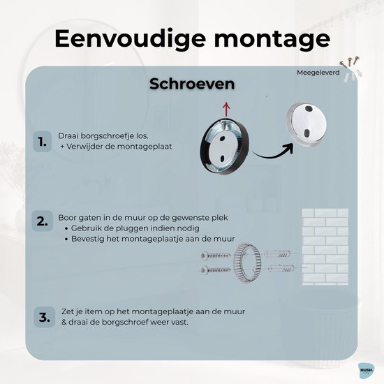 Montageinstructies met schroeven: losdraaien, gaten boren, pluggen gebruiken, montageplaat bevestigen, vastdraaien.