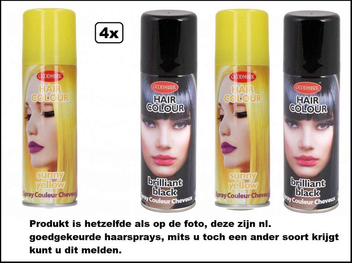 4 stuks Haarverf/haarspray geel/zwart 125 ml - Brilliant black and Sunny yellow - Festival thema feest carnaval haar kleurspray party