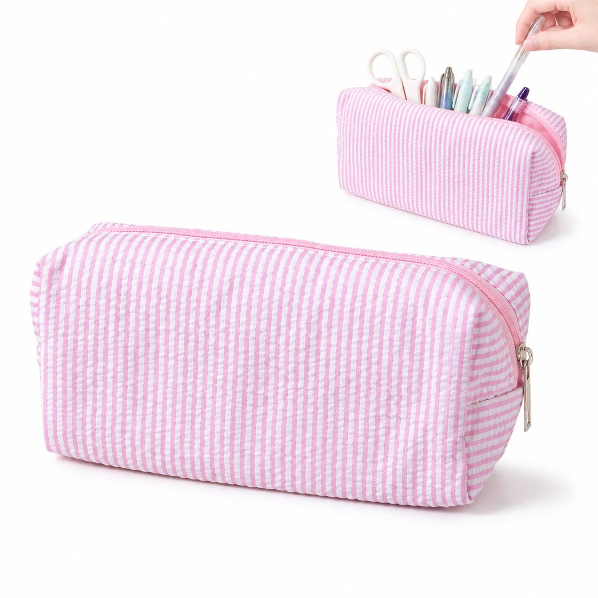VHV - Etui - Grote Pennenzak - Duurzaam - Polyester - Soepele Rits - 21x7.5x8 cm -Voor School,Kantoor - Roze,wit