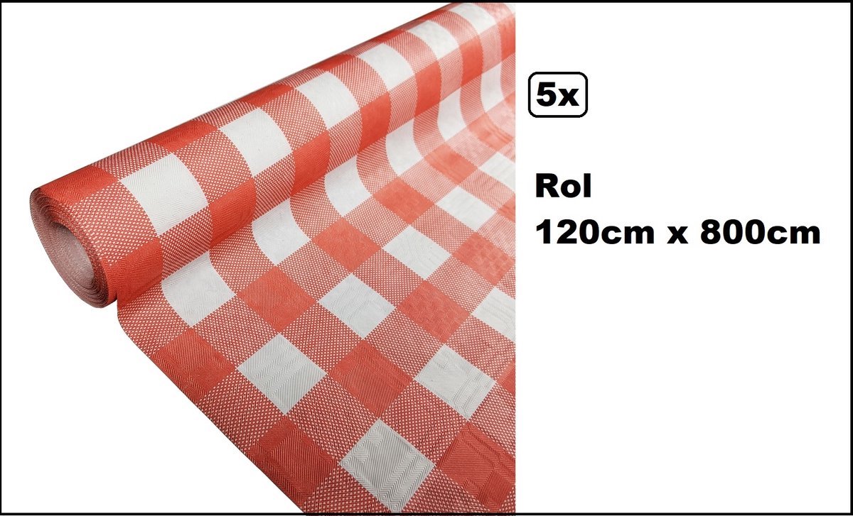 5 stuks Tafelrol tafelkleed rood/wit geblokt boerenbont 120cm x 800cm papier - totaal 40 meter - Party diner food festival eten fun thema feest party
