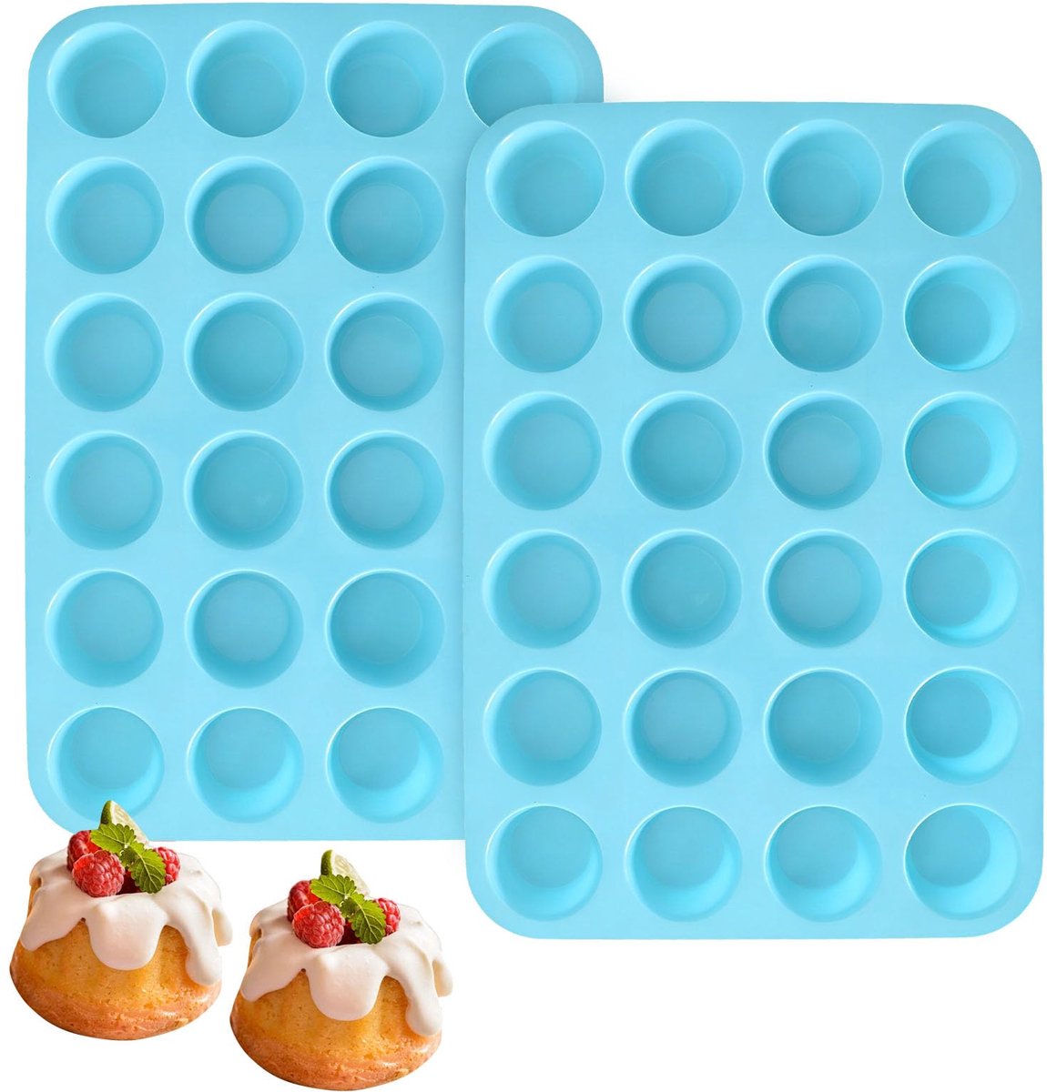 Famanu – Set van 2 siliconen mini muffinvormen met 24 kopjes, niet-klevende bakplaat voor cupcakes en muffins, vaatwasmachinebestendig, 32 × 22,5 x 2,5 cm in blauw