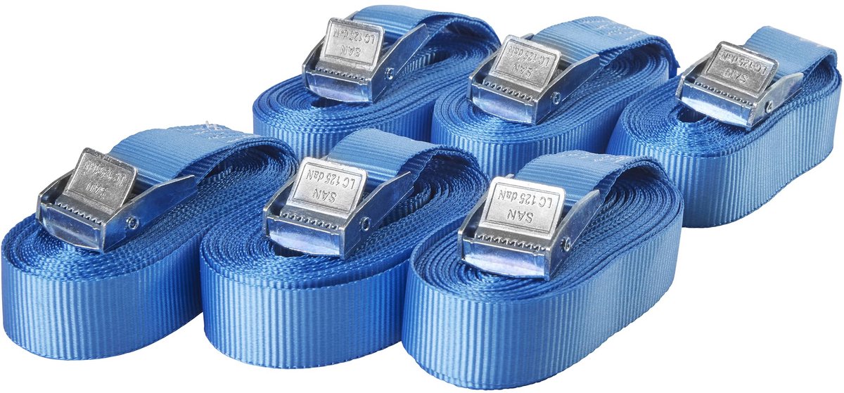 Famanu – Set van 6 spanbanden met klemsluiting, belastbaar tot 250 kg, lengte 5 m, breedte 25 mm, blauw