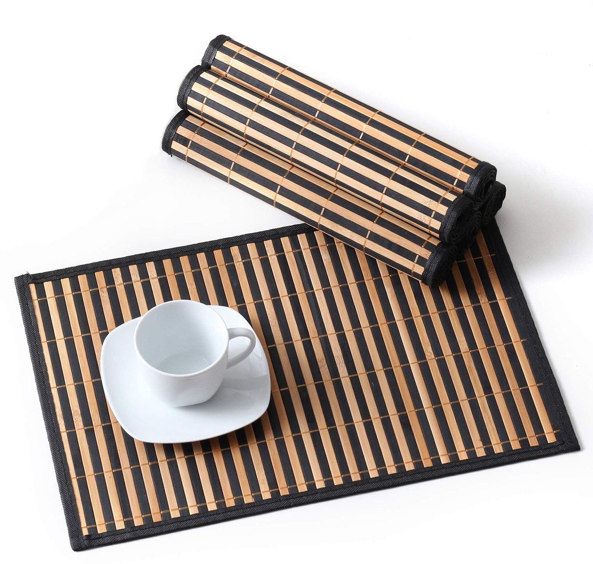 Famanu – Set van 6 bamboe placemats, afwasbaar en antislip, 45 x 30 cm, slijtvast en hittebestendig, zwart