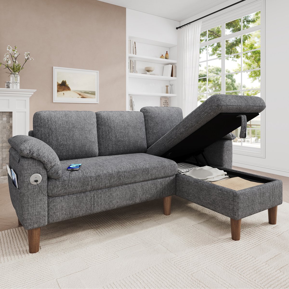 Moderne Hoekbank, L-Bank, 3-Zits Bank, L-vormige Hoekbank, 3-zits Bank Met Opbergruimte-chaiselongue, Links/rechts Monteerbaar, USB/Type-C-oplaadpoort, Zijvak, 2 Halfvaste Armleuningskussens, Chenille Stof, Lichtgrijs
