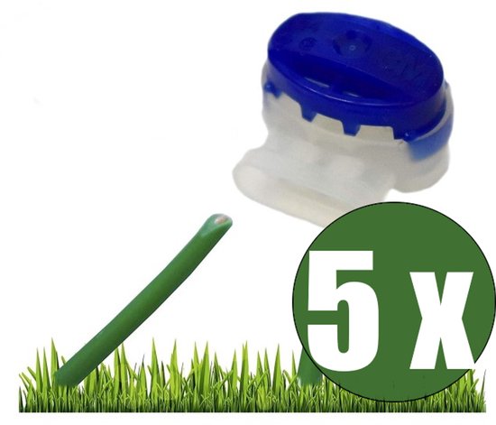 5x kabelconnector met blauwe dop en gele vulling, voor robotmaaier perimeterdraad.