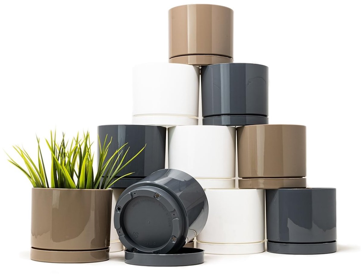 Famanu – Bloempot set van 12 stuks voor binnen en buiten, plantenpot 10 cm met schotel, sterk kunststof, ideaal voor kamerplanten, succulenten en cactussen