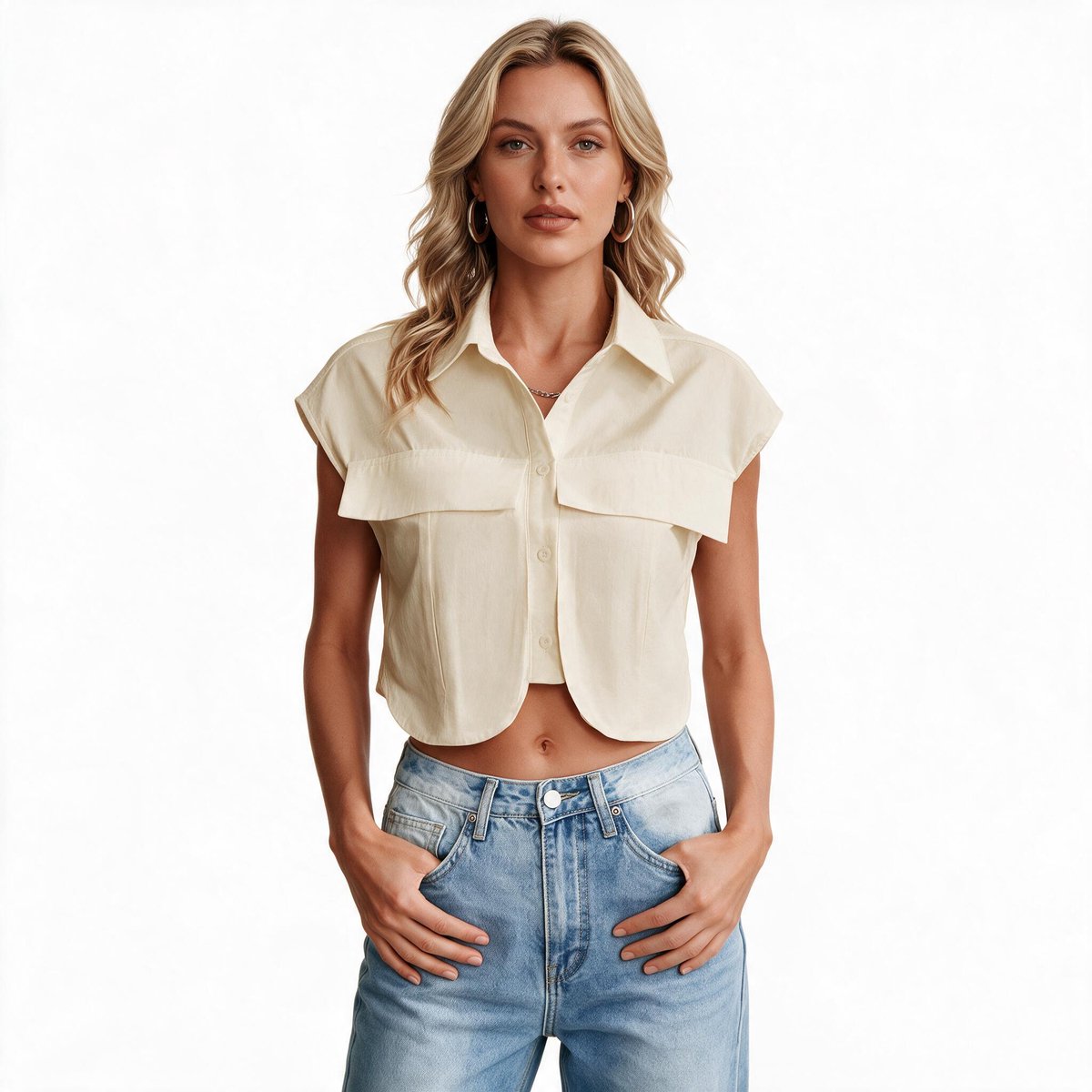 Imily Bela Dames Cropped Blouse Mouwloos met Grote Borstzakken