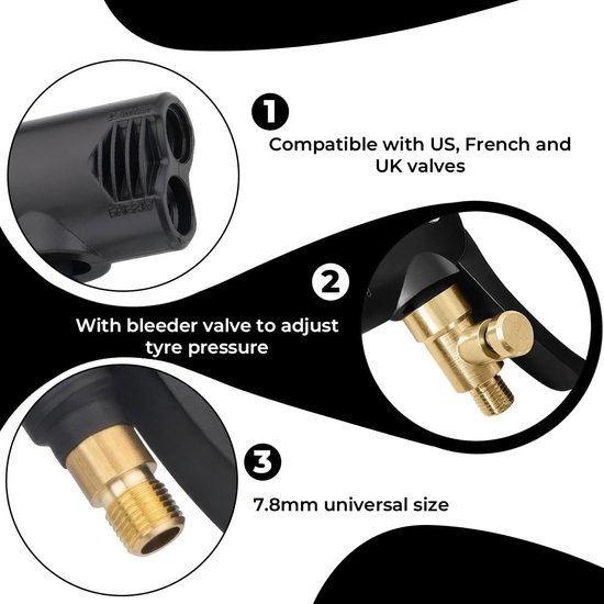 2-in-1 Schrader - Fietspomp Adapter Ventielkop - Geschikt voor Presta, Schrader en Dunlop - Messing Bandenpomp Hulpstuk met Slang - Zwart — afbeelding 2