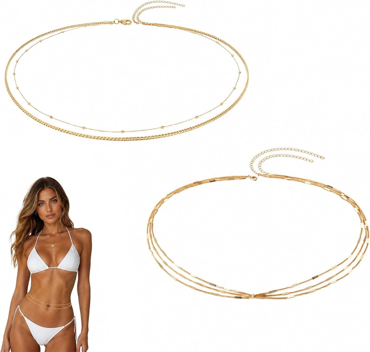 Elegante buikketting voor dames, verstelbare lengte 65-90 cm, 2-delige set met parel en CZ-details, perfect voor elke gelegenheid