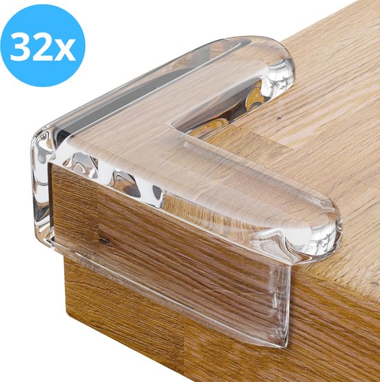 32x transparante, L-vormige hoekbeschermers op een houten tafel.