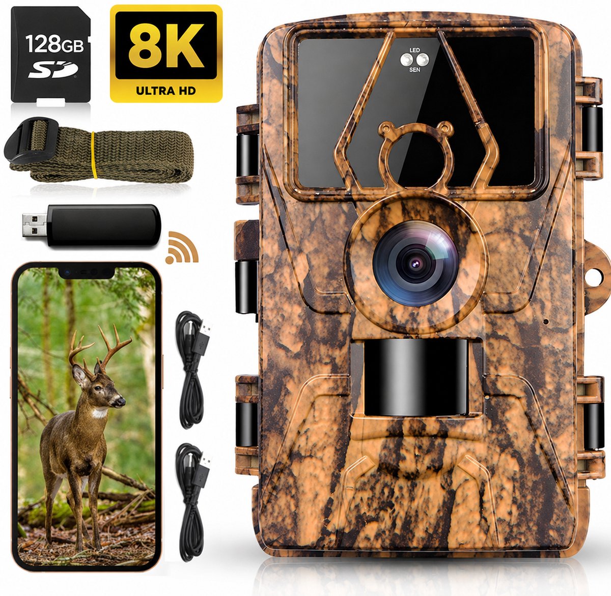 Frasco® Wildcamera met Nachtzicht - 8K Ultra HD - 60MP - Met WiFi & App - Incl. 128GB SD kaart - Waterdicht - Wildlife - Waterdicht