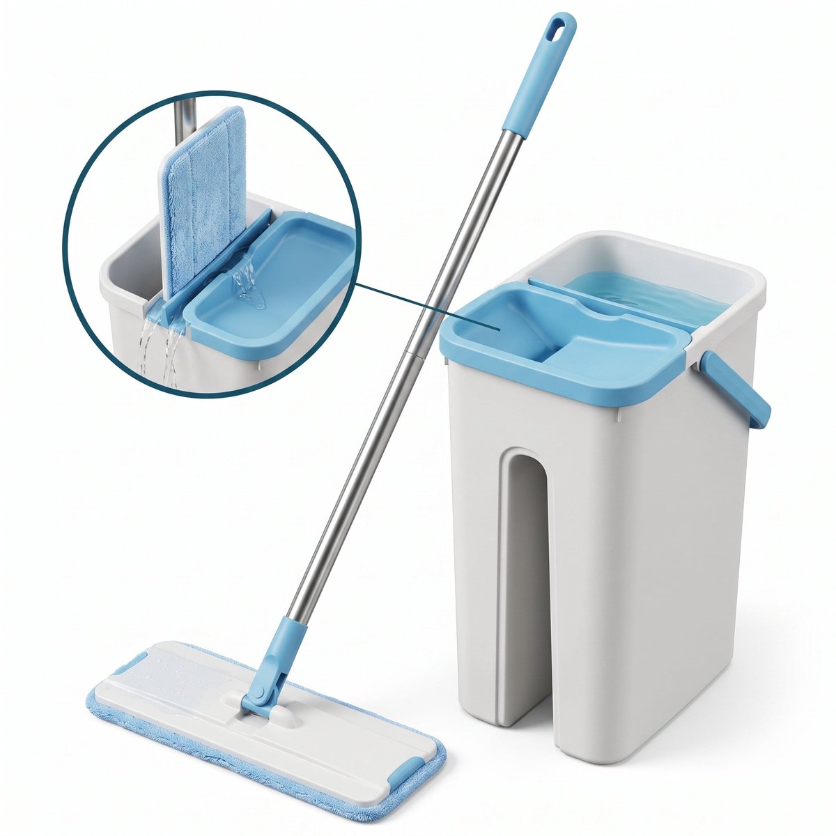 Cheqo® Platte Mop met Emmer - Vlakke Mop - Dweilset - Vloerwisser - Dweilsysteem - Zelfreinigende Mop met Uitwringfunctie - Microvezel Mop 360 Graden Draaibaar - Vloerreiniger - Mopset - Zwabber met Emmer - Vloermop met Telescopische Steel