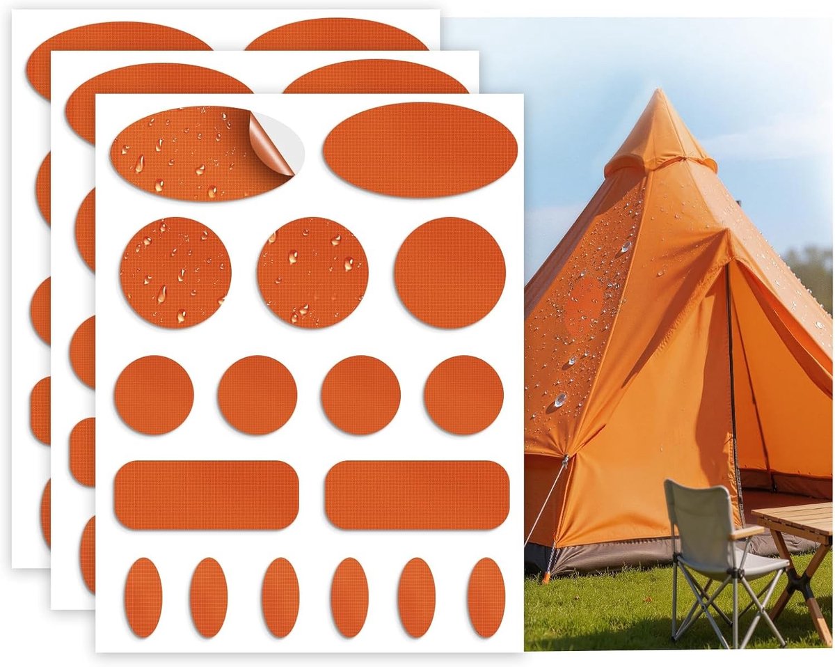 Donsjack patches en nylon reparatietape voor tentreparaties, zelfklevende patches voor kleding, slaapzakken en jassen, oranje kleur, 51 stuks