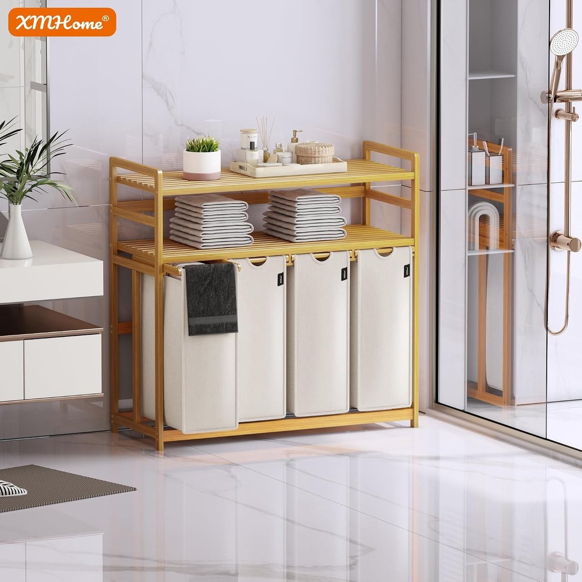 Wasmand 4 vakken - Grijs - 198 liter - Met dubbele plank - Voor badkamer en waskeuken