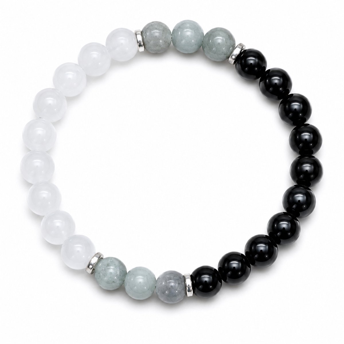 S4H® Edelsteen Armband 8 mm – Zwarte Obsidiaan, Witte Jade & Aquamarijn – Natuursteen Kralenarmband