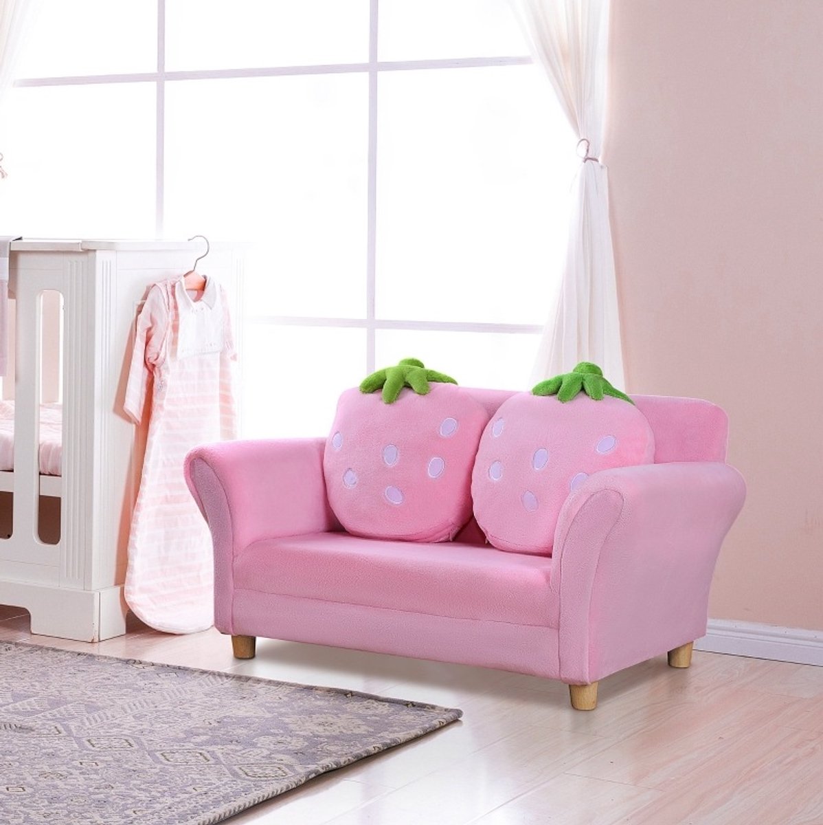 REDOM - Kindersofa - 2-zits - Met 2 aardbeienkussens - Voor kinderen - Kinderkamer - Stof en hout - Roze - 90 x 53 x 48 cm