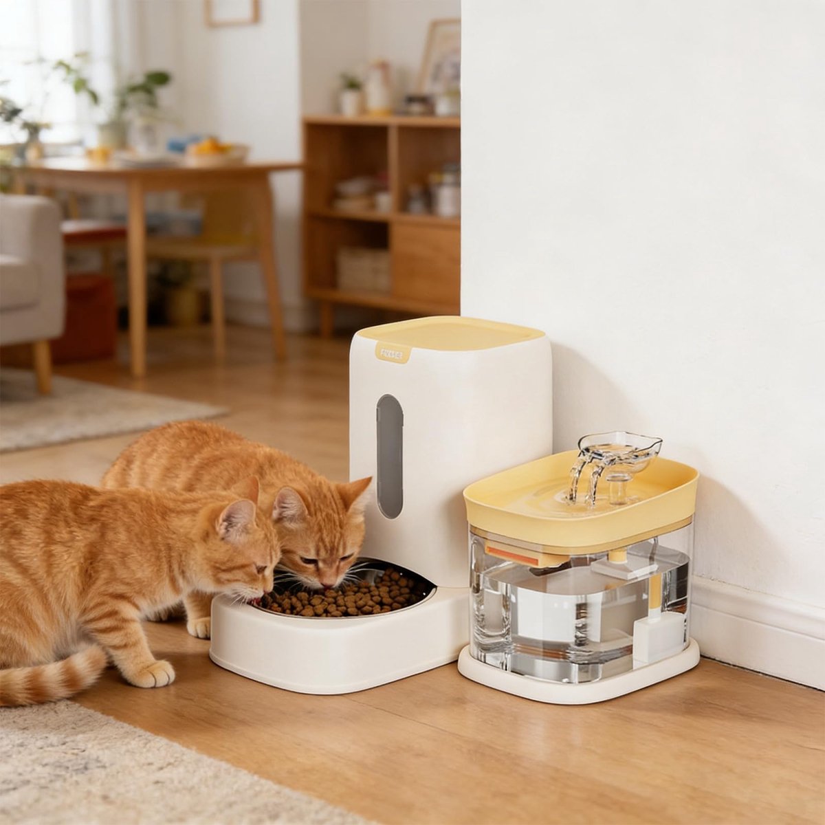 Automatische voerbakset inclusief waterdispenser en voerbak met zwaartekrachttoevoer grote roestvrijstalen voerbak gemakkelijk schoon te maken geschikt voor katten en honden . Waterdispenser 1,8 liter voerbak 3,6 liter Geel