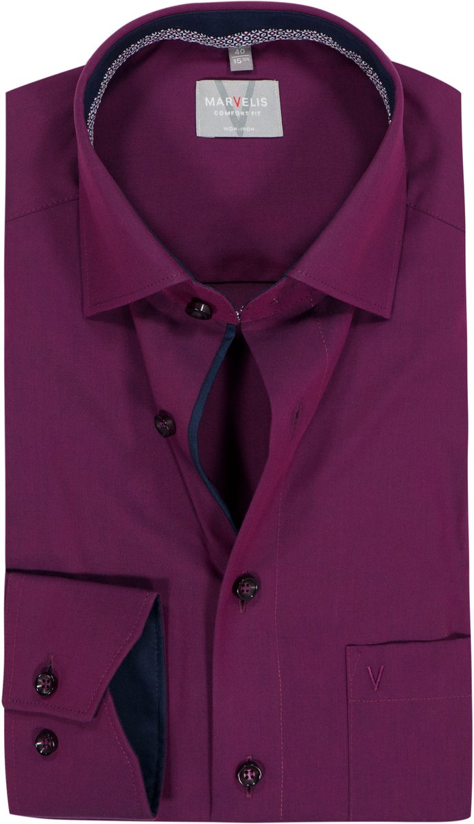 MARVELIS comfort fit overhemd - popeline - bordeaux rood - Strijkvrij - Boordmaat: 47 (EU maat: 3XL)