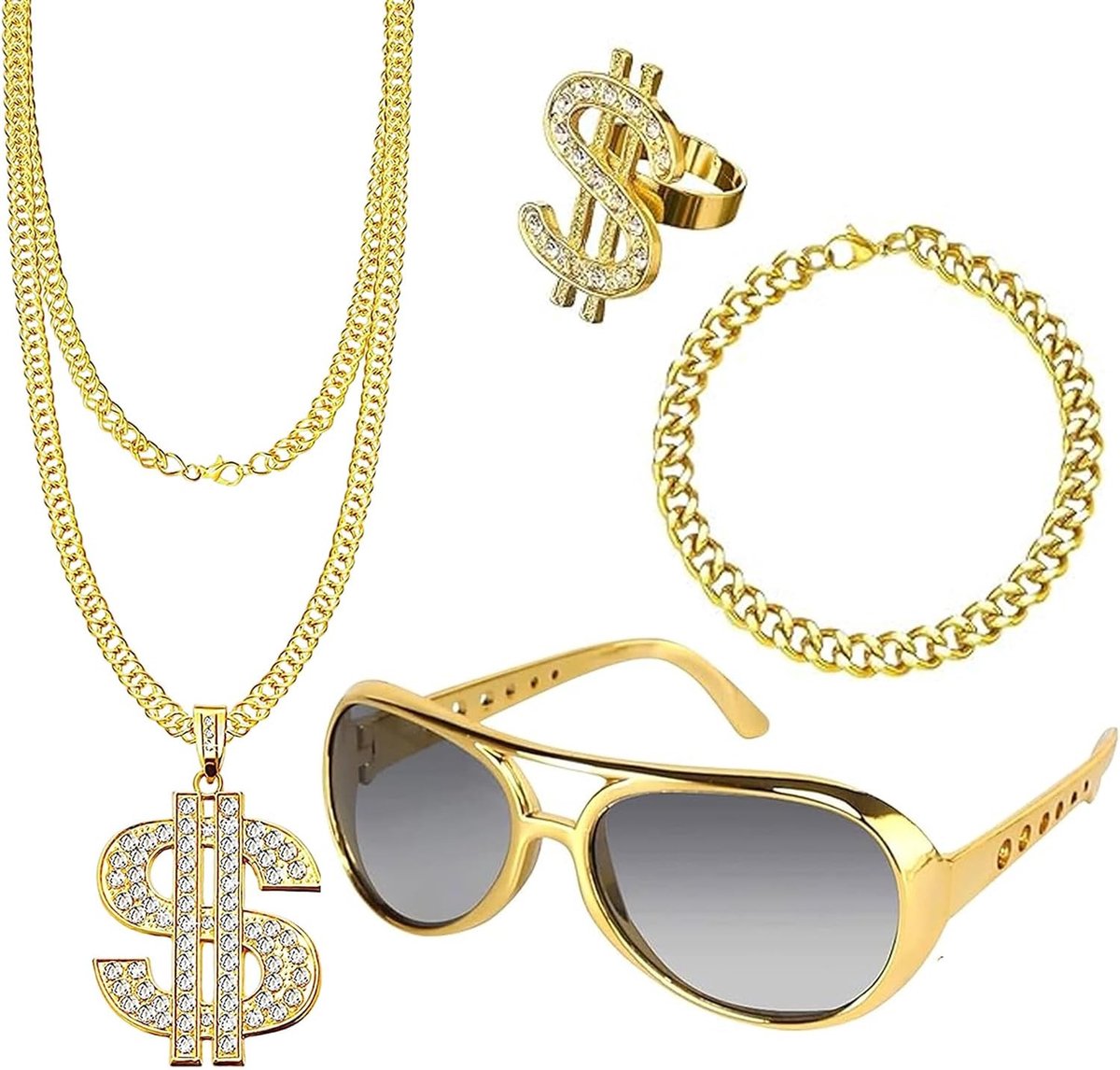 4-delige Dollar Ketting Set voor Carnavalskostuum, 80s en 90s Outfit, Hip Hop Accessoires, Gouden Kettingen, Zonnebril en Ring voor Feestjes en Fotoprops