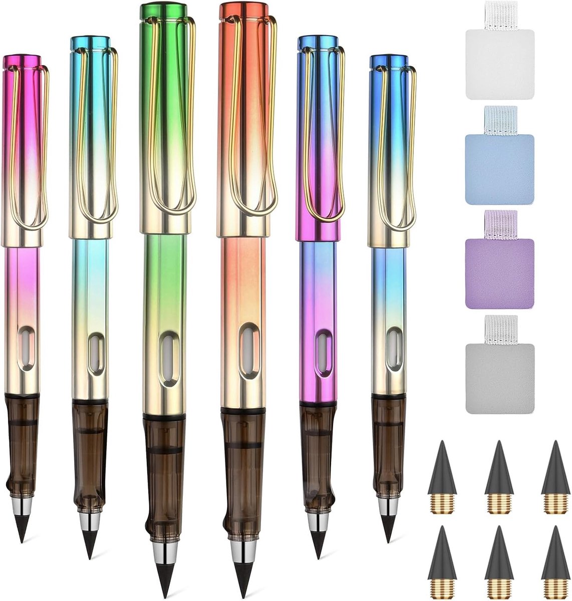 Duurzame inktloze potloden met gum en vervangbare punten - 6 stuks voor schrijven en tekenen, perfect voor studenten en thuiswerk.