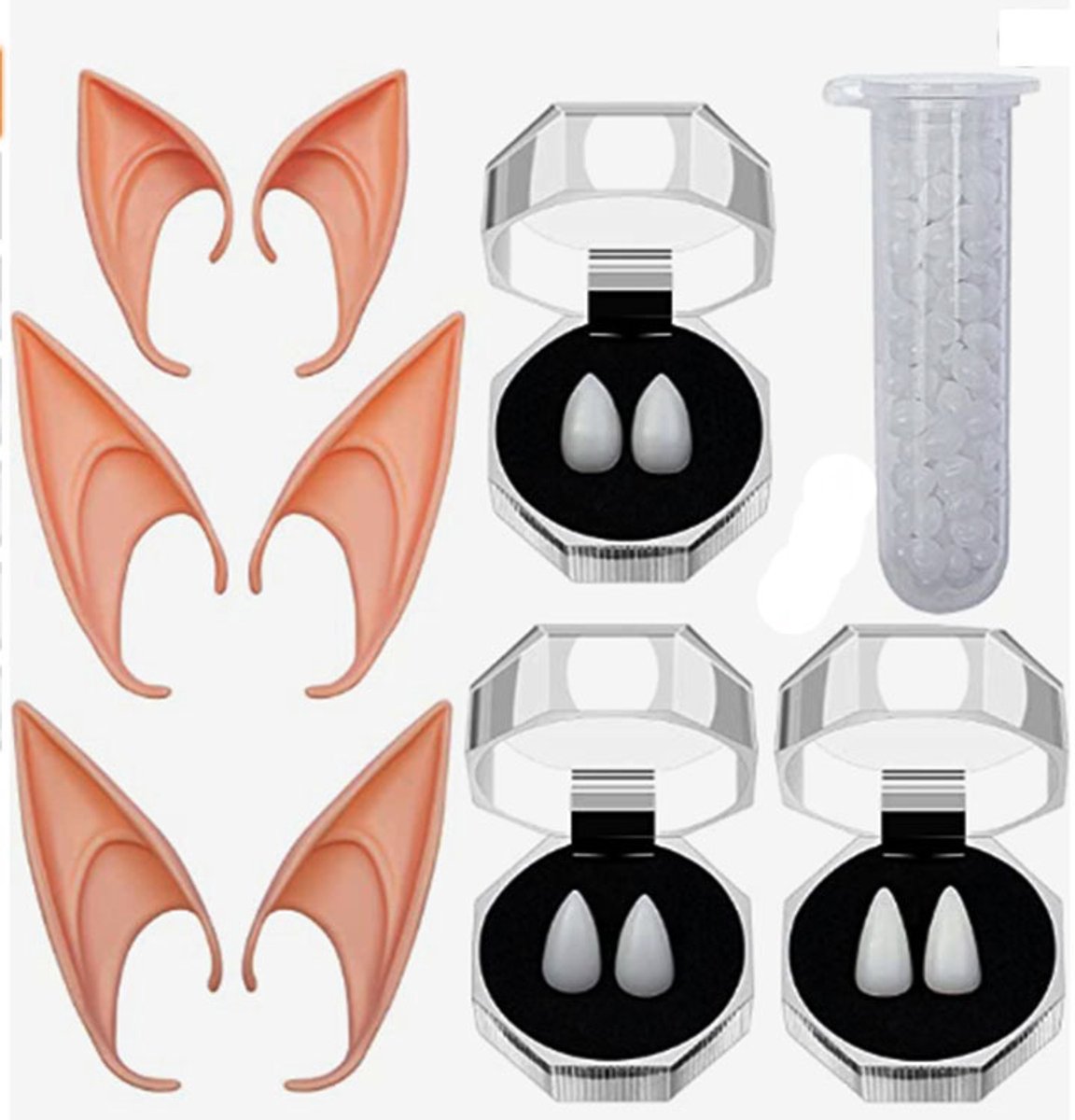 Daity 3 paar vampiertanden - 3 paar elfenoren - Geschikt voor rollenspelrekwisieten, kostuumaccessoires en feestgunsten - Vampiertanden - Weerwolftanden - Geschikt voor Halloween, gala's, banketten - 13 mm + 15 mm + 17 mm