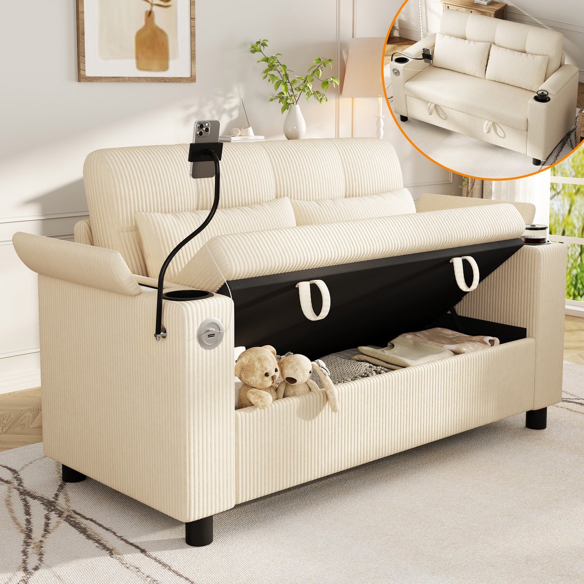 2-zits Bank, Moderne 2‑Zitsbank Met Verborgen Opbergruimte, Knoopdetails Op De Rughoekleuning, Bekerhouder, Opbergruimte In De Armleuningen, USB/Type‑C‑Oplaadpoort, Telefoonhouder En 2 Lendensteunkussens, Corduroy-Beige