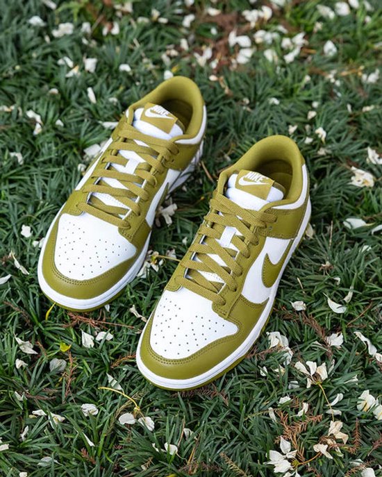 Nike Dunk Low Retro sneakers in wit met olijfgroene overlays en witte veters. Gemaakt van leer.