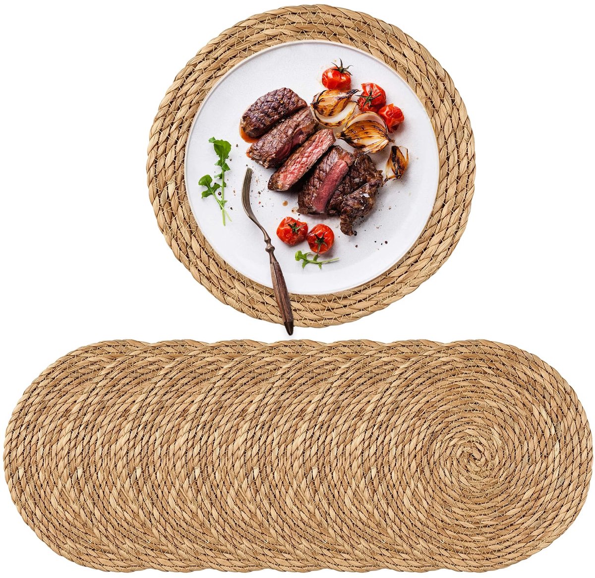Famanu – Set van 8 ronde placemats van waterhyacint, gevlochten, 30 cm, handgemaakt voor eettafels