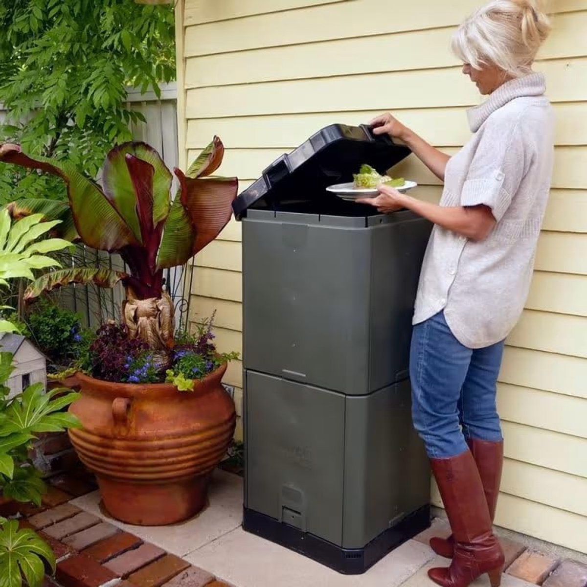 Famanu – Aerobin compostcontainer van 200L, snelle compostering in 3 maanden, geurvrije thuiscompostbak voor keukenafval, tuinafval en voedselresten in grijs