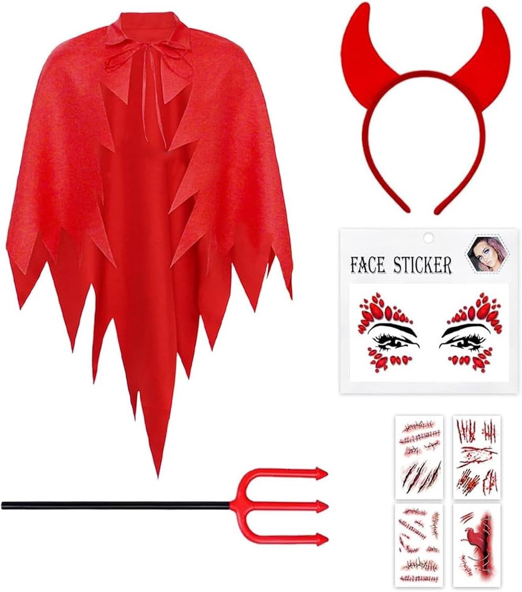 Feminine Duivel Kostuum - Compleet Outfit met Rode Duivel Cape, Hoofdband, Drakenpunt, Drietand en Littekens Stickers - Ideaal voor Halloween en Feestjes, Vrouwelijk Kostuum, Grappige Verkleedkleding, Themakostuum