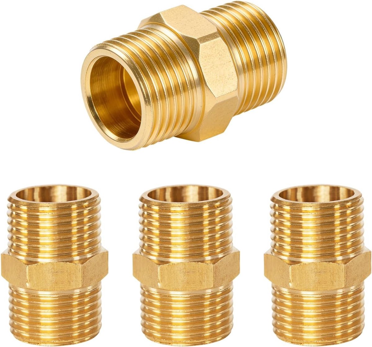 4 Stuks Dubbele Nippel 3/8 Inch Messing (Ø 1.5cm), Hexagon Nippel voor Aansluiting, Koppeling en Sanitair voor Verwarming en Drinkwaterinstallatie