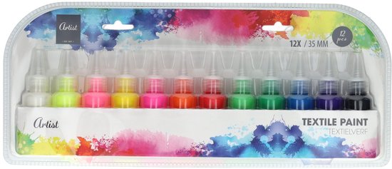 Emballage de 12 flacons de peinture textile, couleurs blanc, jaune, rose, orange, vert, bleu, violet et noir.