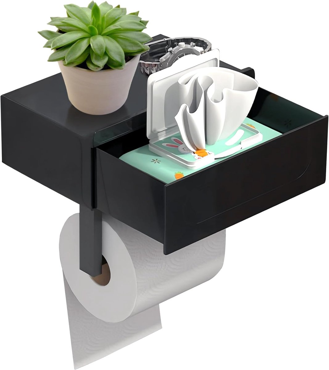 Zwarte wandgemonteerde tissuehouder, afmeting 20x12,5x8,8cm, roestbestendig metaal voor badkamer toilet keuken, schroef en zelfklevende montage